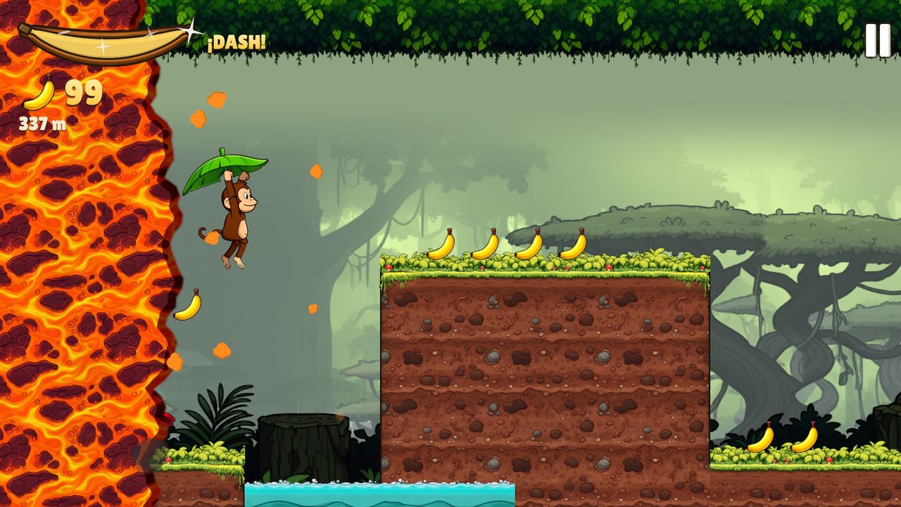 Captura de Turbo Monkey: el mono planea con una hoja mientras la lava lo persigue